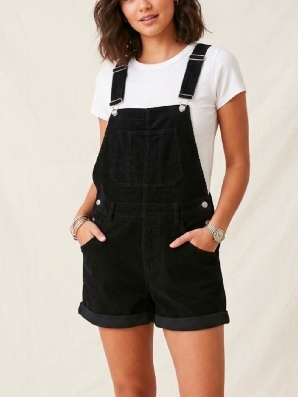 We The Free Black Corduroy Short Overalls with Rolled Hem
